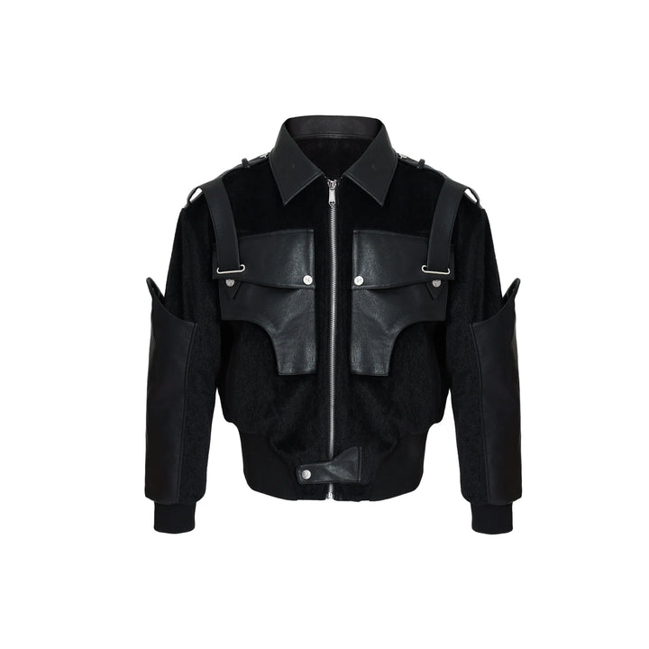 Dual-Fabric Deconstructed PU Leather & Plush Short Bomber Jacket - ArgueCulture