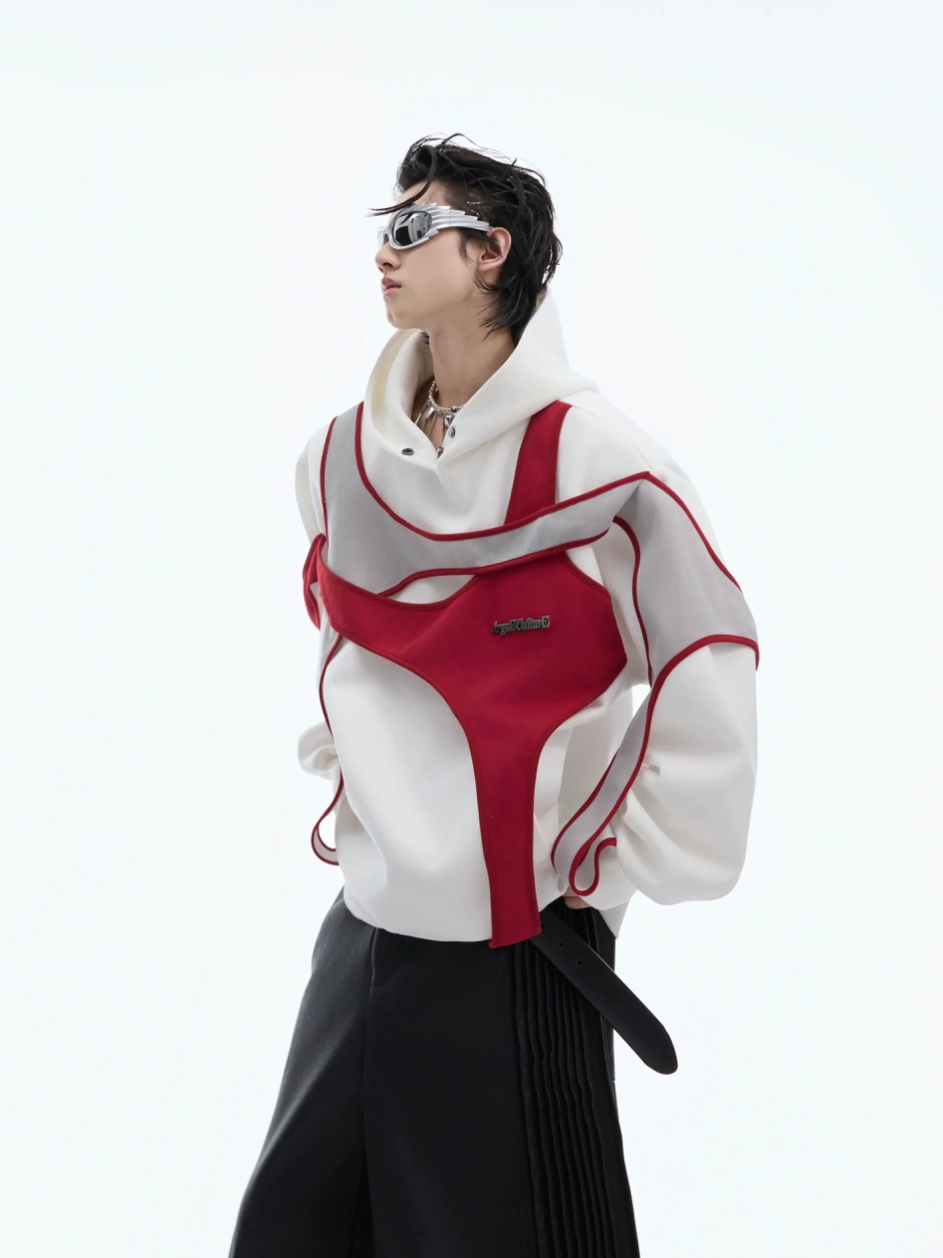 Layered Contrast Hoodie with Strap Design and Detachable Shoulder Pads - ArgueCulture