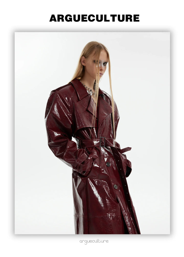 Futuristic Liquid-Look Faux Leather Trench Coat with Shoulder Pads - ArgueCulture