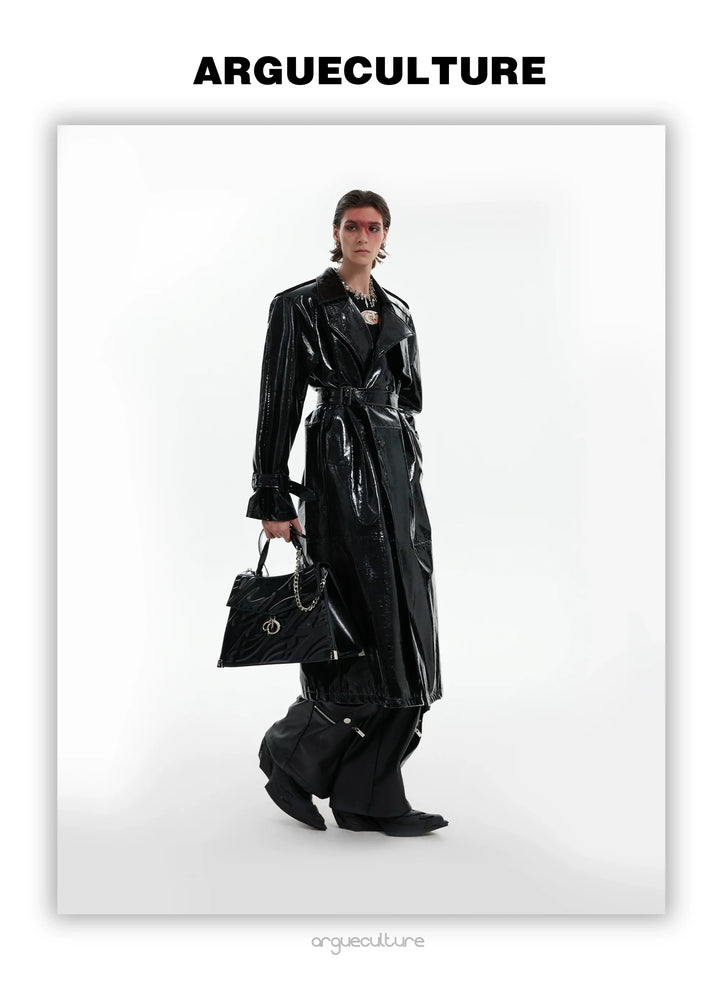 Futuristic Liquid-Look Faux Leather Trench Coat with Shoulder Pads - ArgueCulture