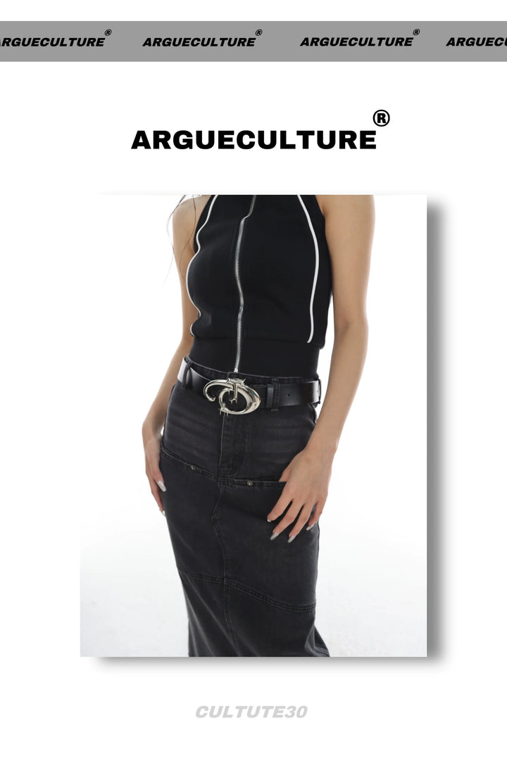 Avant-Garde Asymmetric PU Leather Belt with Metallic Logo - ArgueCulture