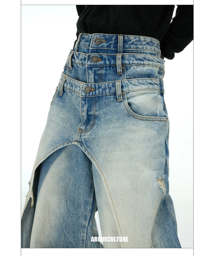 Triple Waistband Wash Blue Denim Jeans Distressed Vintage Design - ArgueCulture