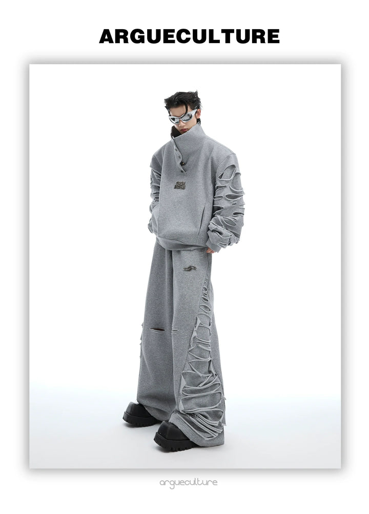 Asymmetrical Cut Fringe Trim Track Suit with Detachable Stand Collar - ArgueCulture