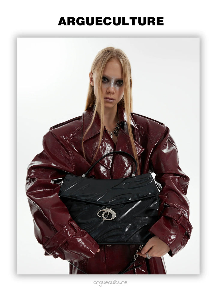 Futuristic Liquid-Look Faux Leather Trench Coat with Shoulder Pads - ArgueCulture