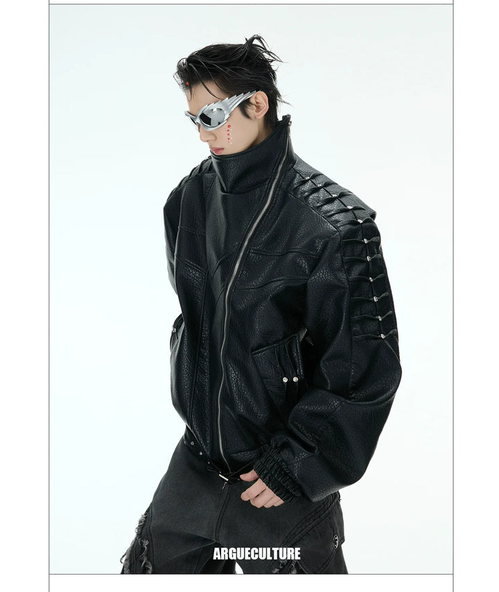 Crinkle PU Leather Jacket with Metal Studs and Adjustable Hem - ArgueCulture