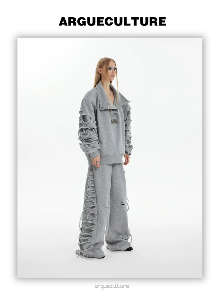 Asymmetrical Cut Fringe Trim Track Suit with Detachable Stand Collar - ArgueCulture