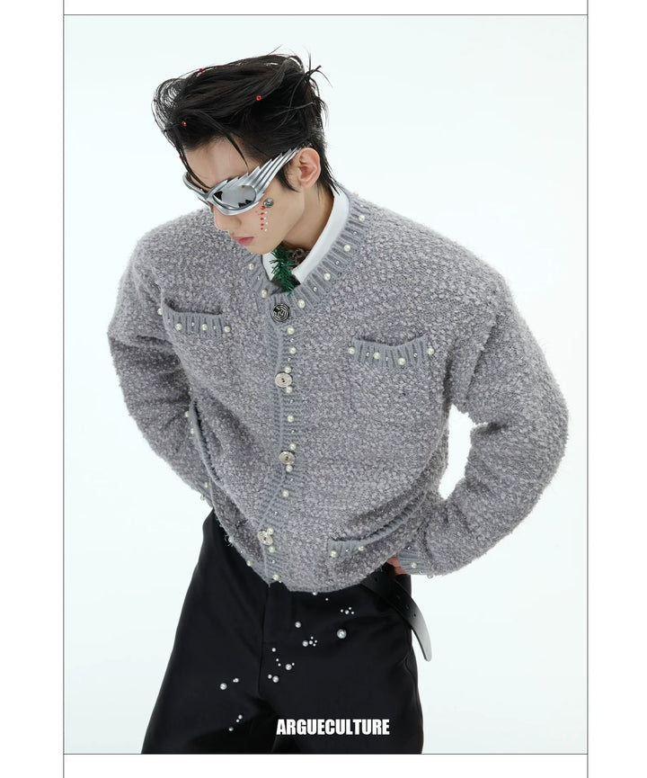 Luxe Pearl-Embellished Knit Cardigan for Unisex - ArgueCulture