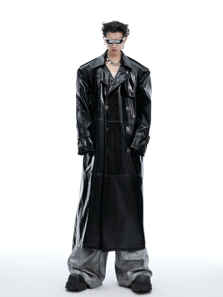 Futuristic Liquid-Look Faux Leather Trench Coat with Shoulder Pads - ArgueCulture