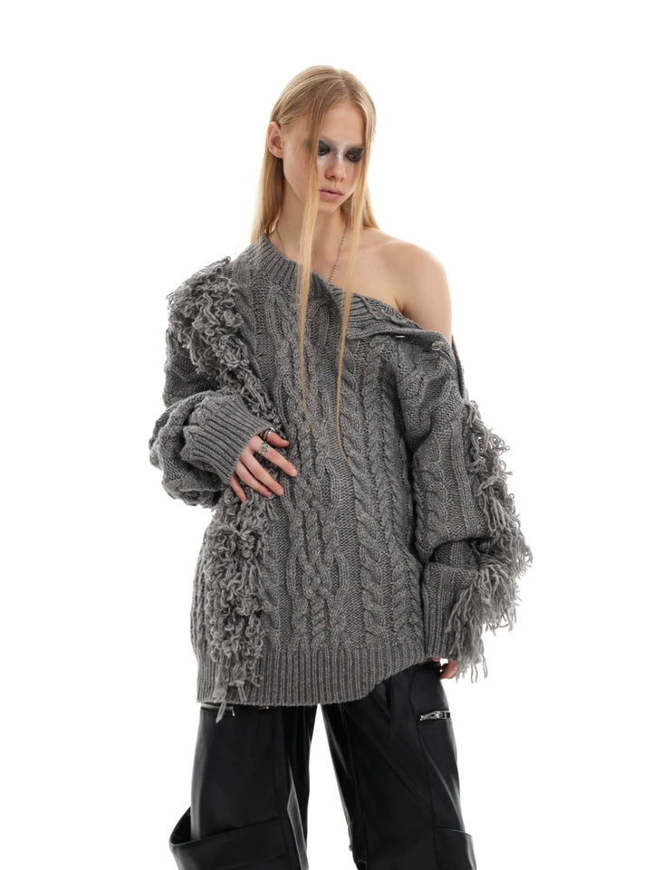 Asymmetrical Ribbed Knit Sweater with Bold Fringe Accents - ArgueCulture