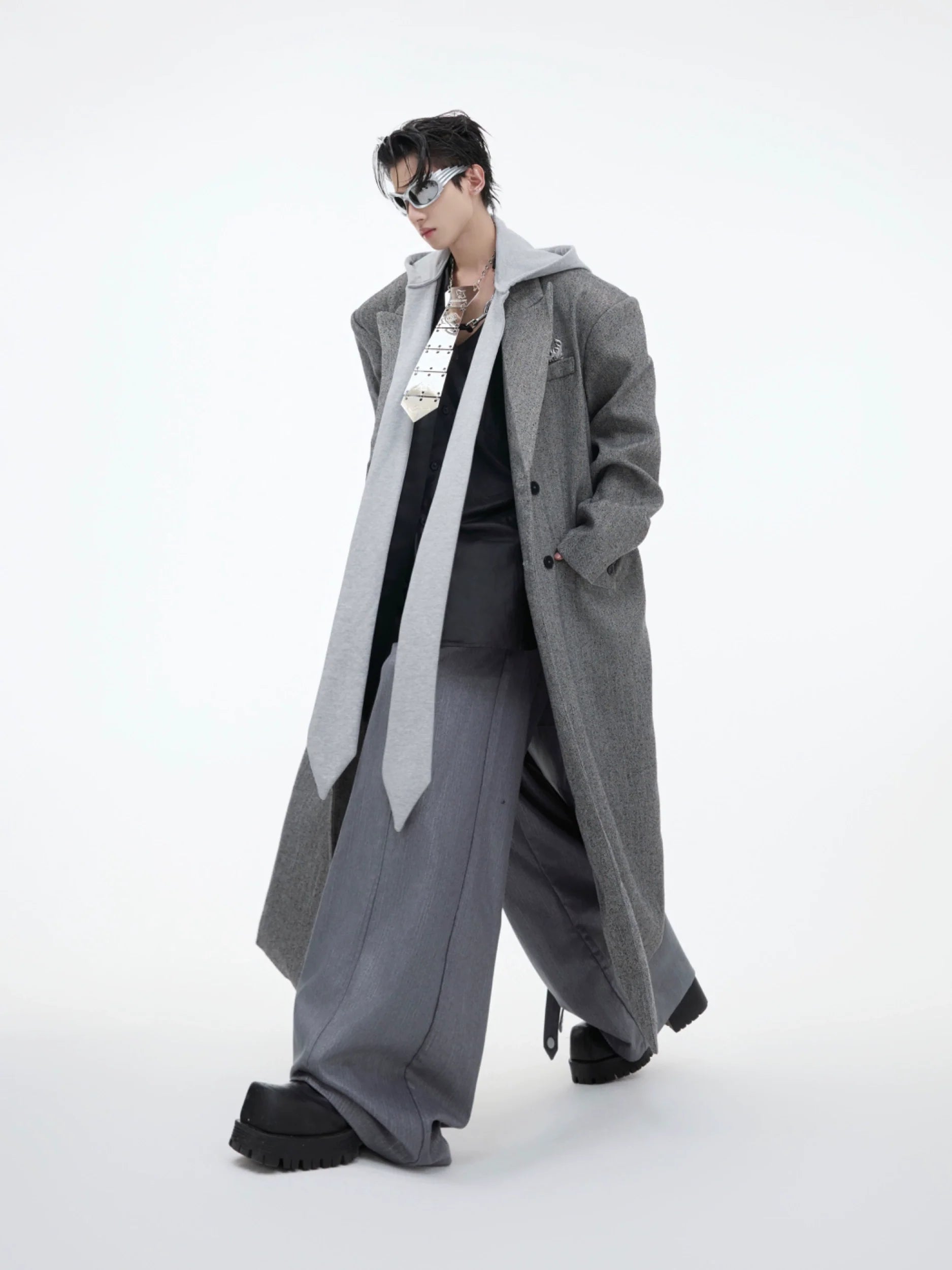 Men?¡¥s Oversized Wool Coat with Detachable Hoodie Metallic Logo Streetwear - ArgueCulture