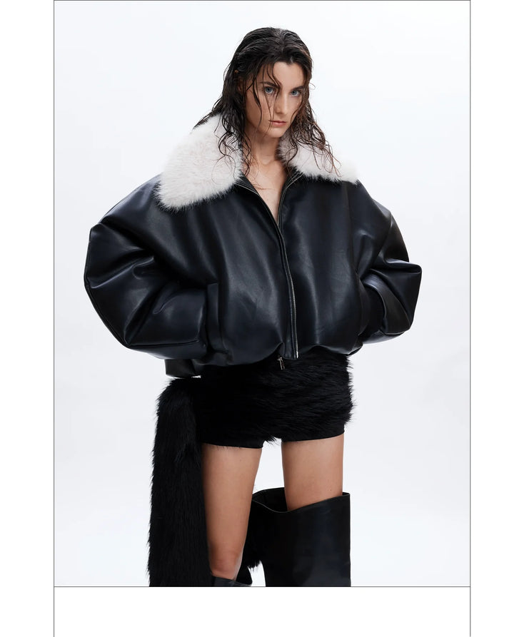 Faux Fur Collar Leather Bomber Jacket with Asymmetrical Design - ArgueCulture