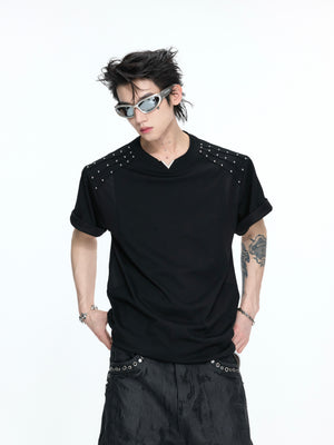 Boxy Black Rivet V-Neck T-Shirt - product image 2
