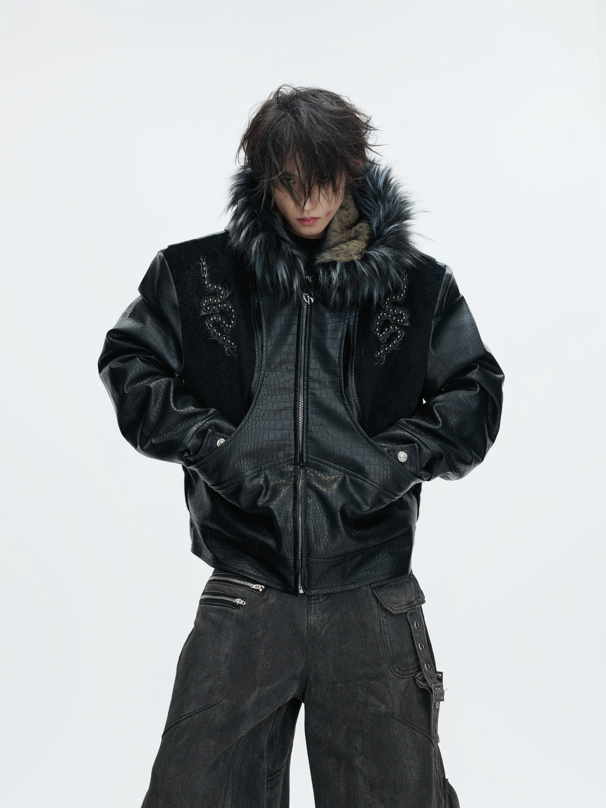 Crocodile-Textured Hooded Padded Jacket - product image 3
