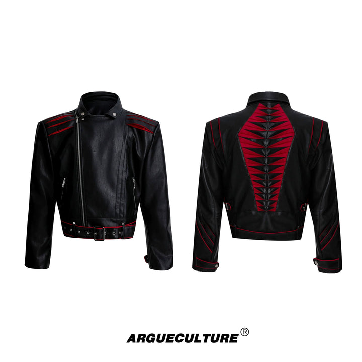 Folding Spine Pleat Short Leather Biker Jacket - ArgueCulture