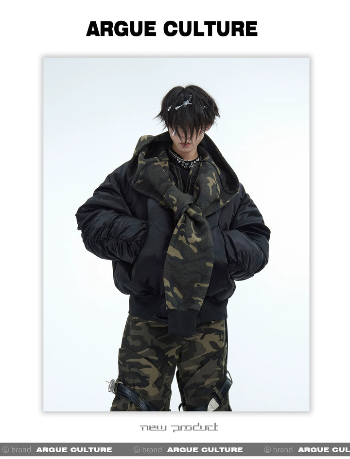 Camouflage Hooded Bomber Jacket with Quilted Sleeves - Winter Warmth - ArgueCulture