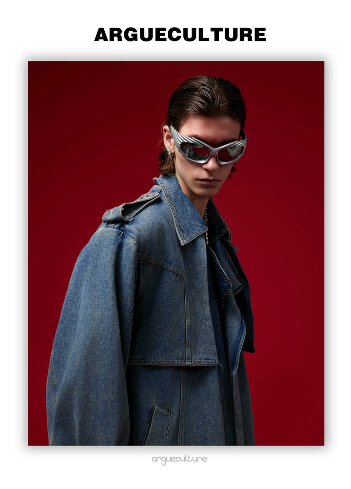 Vintage Denim Coat with Military Collar and Post-Apocalyptic Style - ArgueCulture