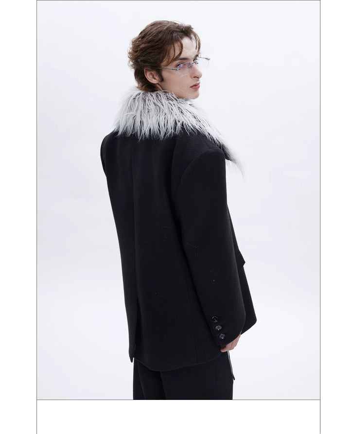 Detachable Fur Collar Double-Breasted Suit Jacket for Men - ArgueCulture