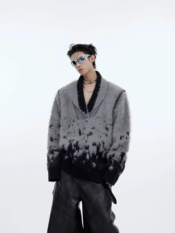 Gradient V-Neck Faux Fur Sweater for Christmas Aesthetic - ArgueCulture