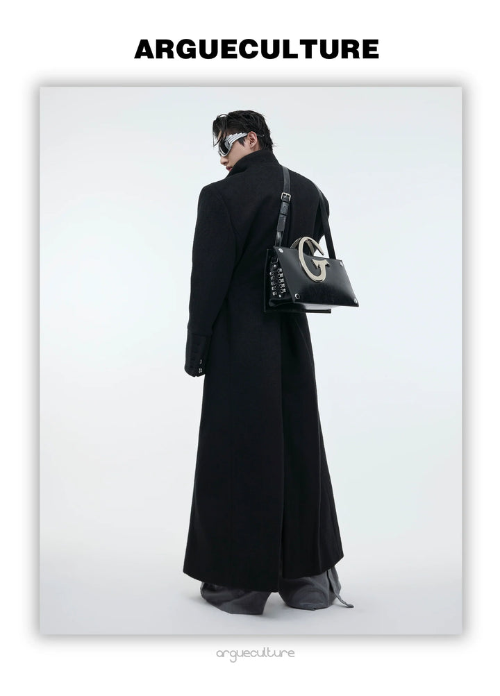 Wool Stand Collar Over Coat with Metal Buckle Accents and Four Pockets - ArgueCulture