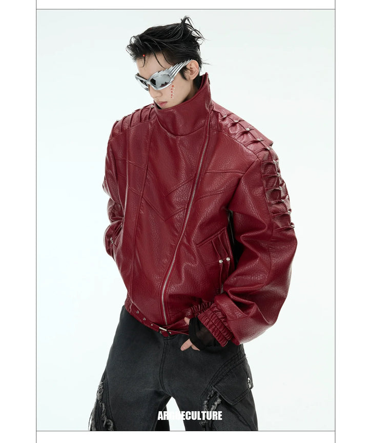 Crinkle PU Leather Jacket with Metal Studs and Adjustable Hem - ArgueCulture