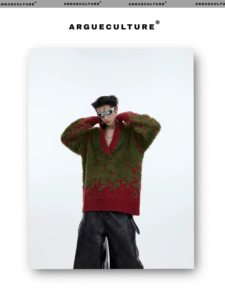 Gradient V-Neck Faux Fur Sweater for Christmas Aesthetic - ArgueCulture