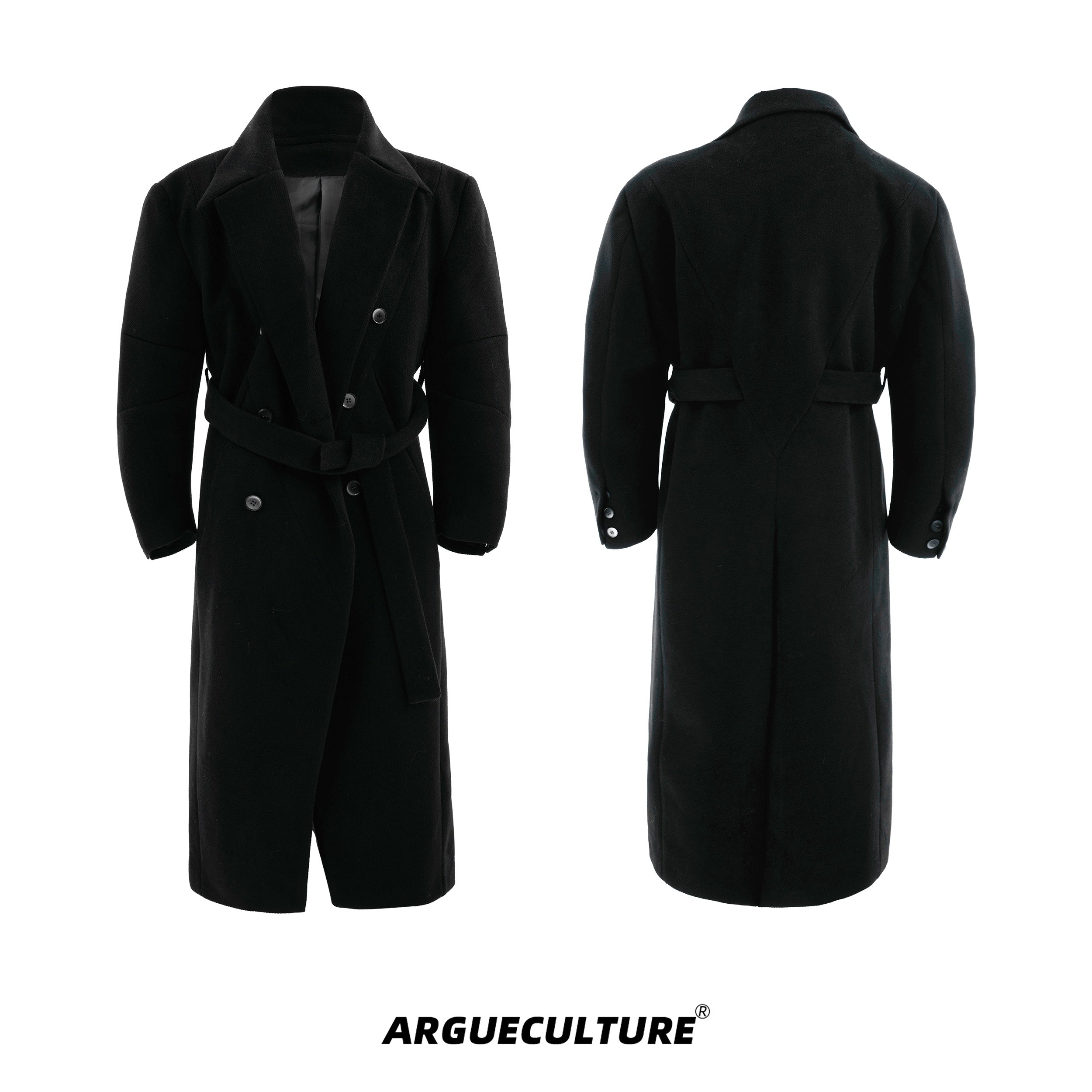 Oversized-Double-Breasted-Wool-Trench-Coat---Belted-Knee-Length-Black-Jacket
