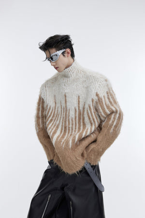 Oversized-Mohair-Sweater---Colorblock-Striped-High-Neck-Knit-Brown