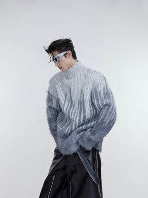 Oversized-Mohair-Sweater---Colorblock-Striped-High-Neck-Knit-Gray