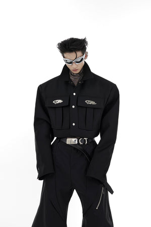 Oversized-Pocket-Blazer---Cropped-Shoulder-Jacket-with-Metallic-Detail-Black