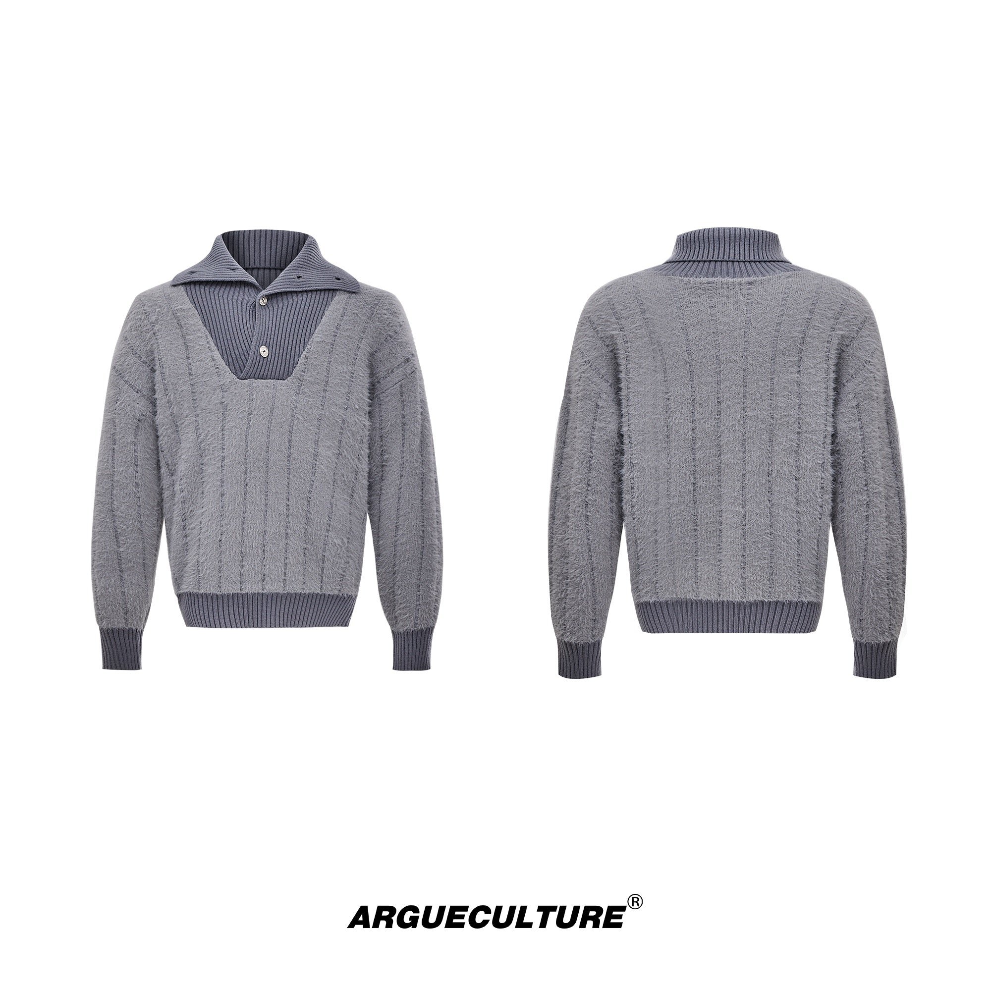 Oversized-Striped-Turtleneck-Sweater---Chunky-Knit-Unisex-Pullover-Gray