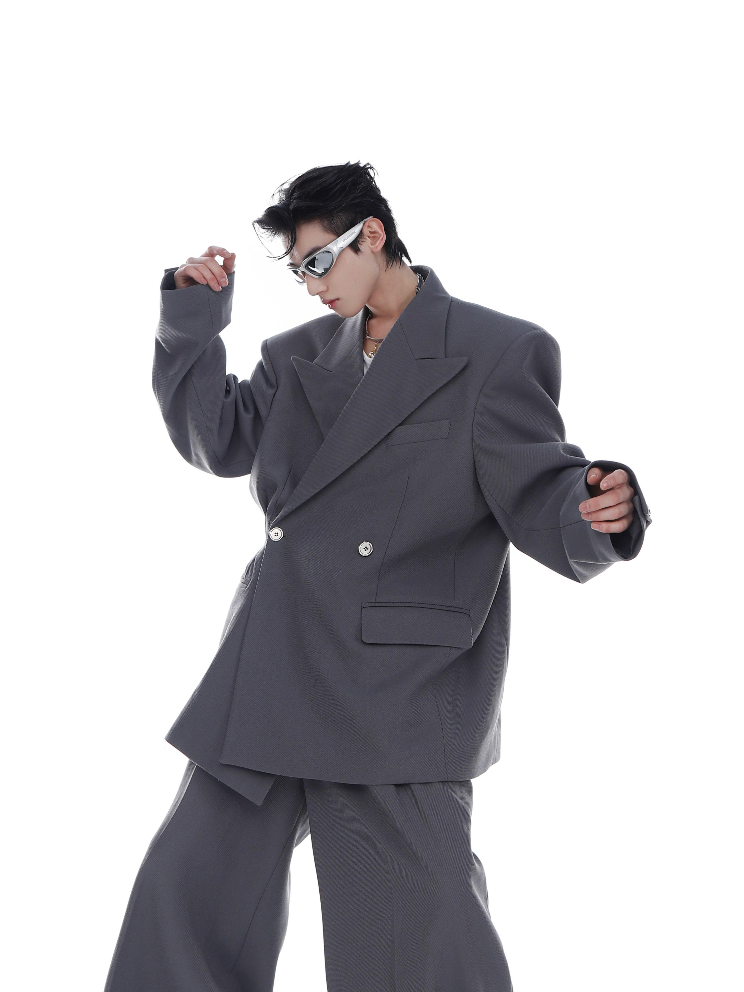 Oversized-Twill-Blazer---Drop-Shoulder-Unisex-Suit-Jacket-Gray-Blazer
