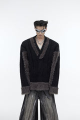 Oversized-V-Neck-Knit-Sweater---Color-Block-Fleece-Trim-Streetwear-Black