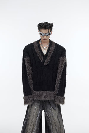 Oversized-V-Neck-Knit-Sweater---Color-Block-Fleece-Trim-Streetwear-Black