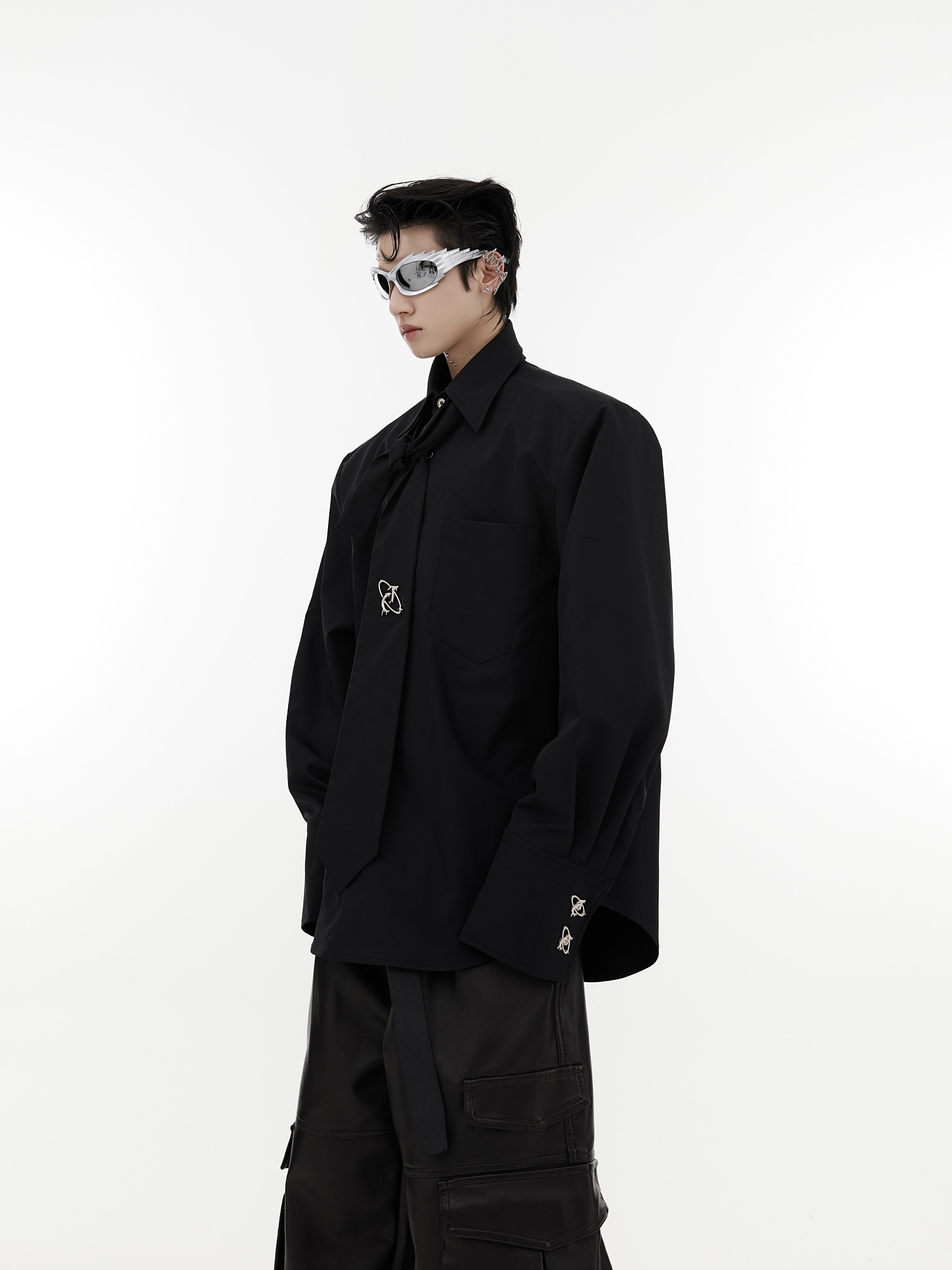 Oversized-White-Shirt-Cropped-Tie-Detail-Drop-Shoulder-Top-Black