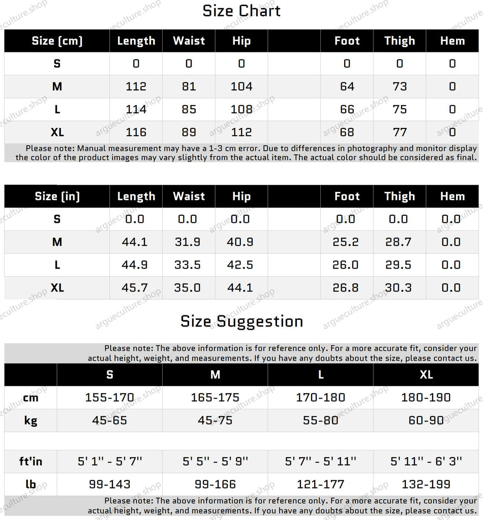 Size Chart for Textured Wide-leg Pants with Segmented Lines and Relaxed Fit