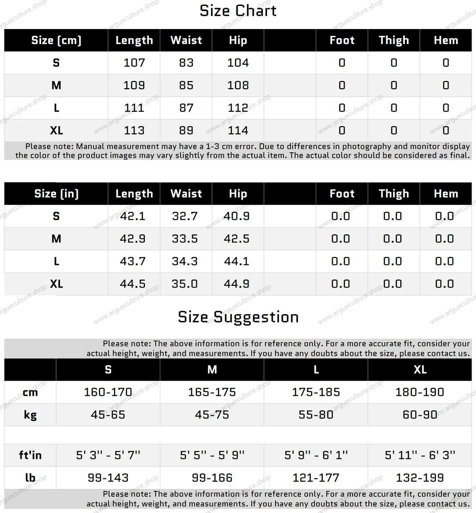 Size Chart for Loose Fit Metal Studded Design Wide-Leg Casual Pants