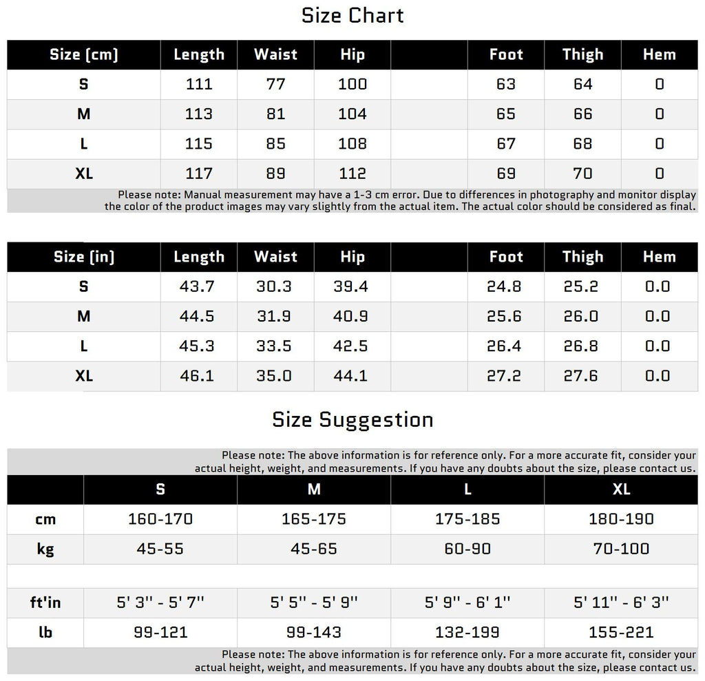 Size Chart for Asymmetrical Sleeve Patchwork Cargo Pants