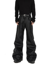 PU-Leather-Pants-with-Metal-Buckles---Flared-Streetwear-Trousers-Black