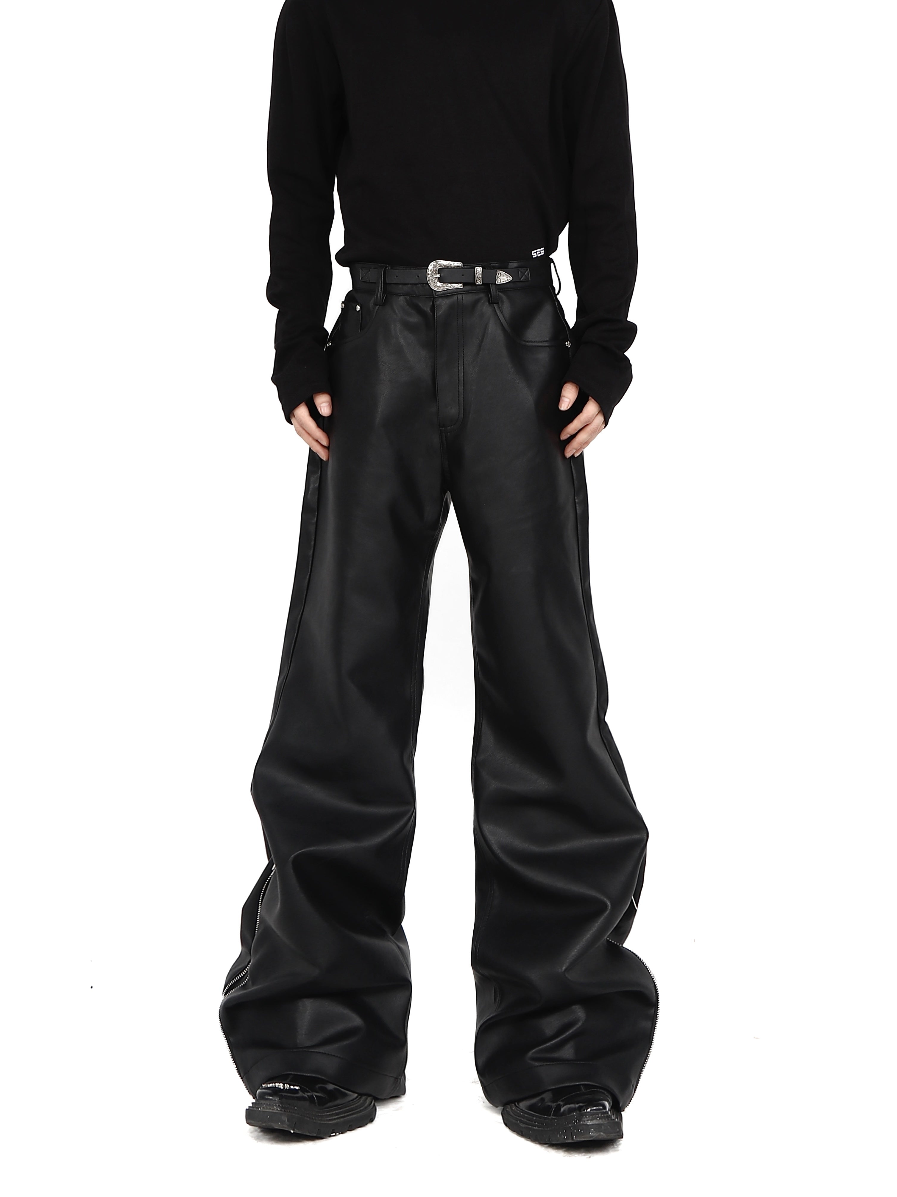PU-Leather-Pants-with-Metal-Buckles---Flared-Streetwear-Trousers-Black
