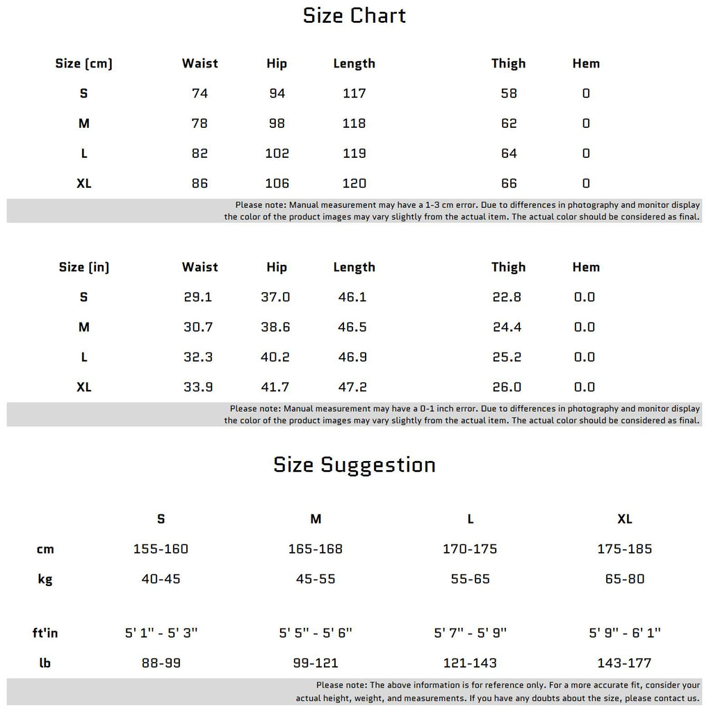 Size Chart for Black Baggy Pants with Metal Ring Decorations