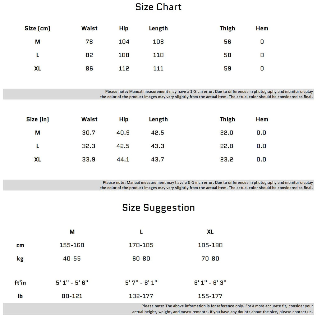 Size Chart for Casual Polyester Pants With Split Seam Contrast Stitching