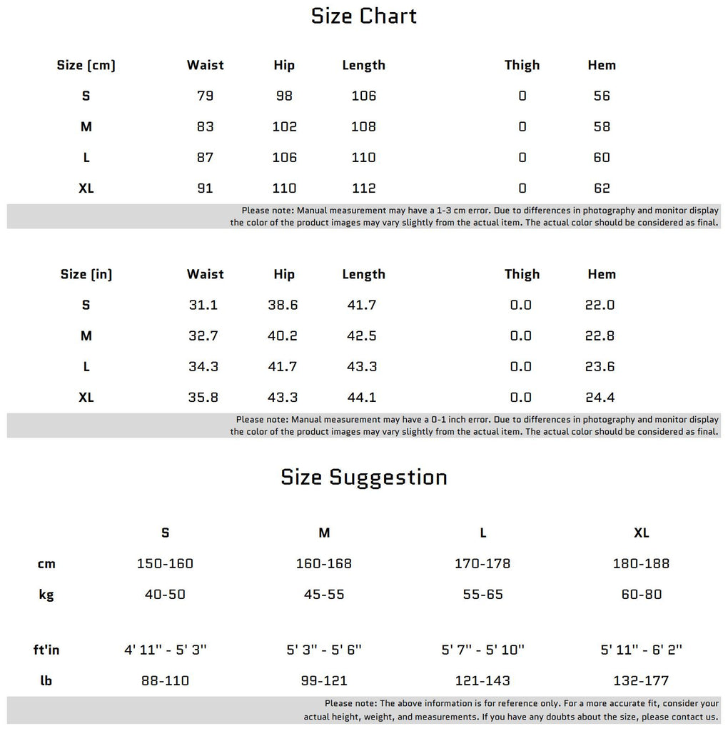 Size Chart for 더블 지퍼 사이드가 있는 와이드 레그 캐주얼 팬츠