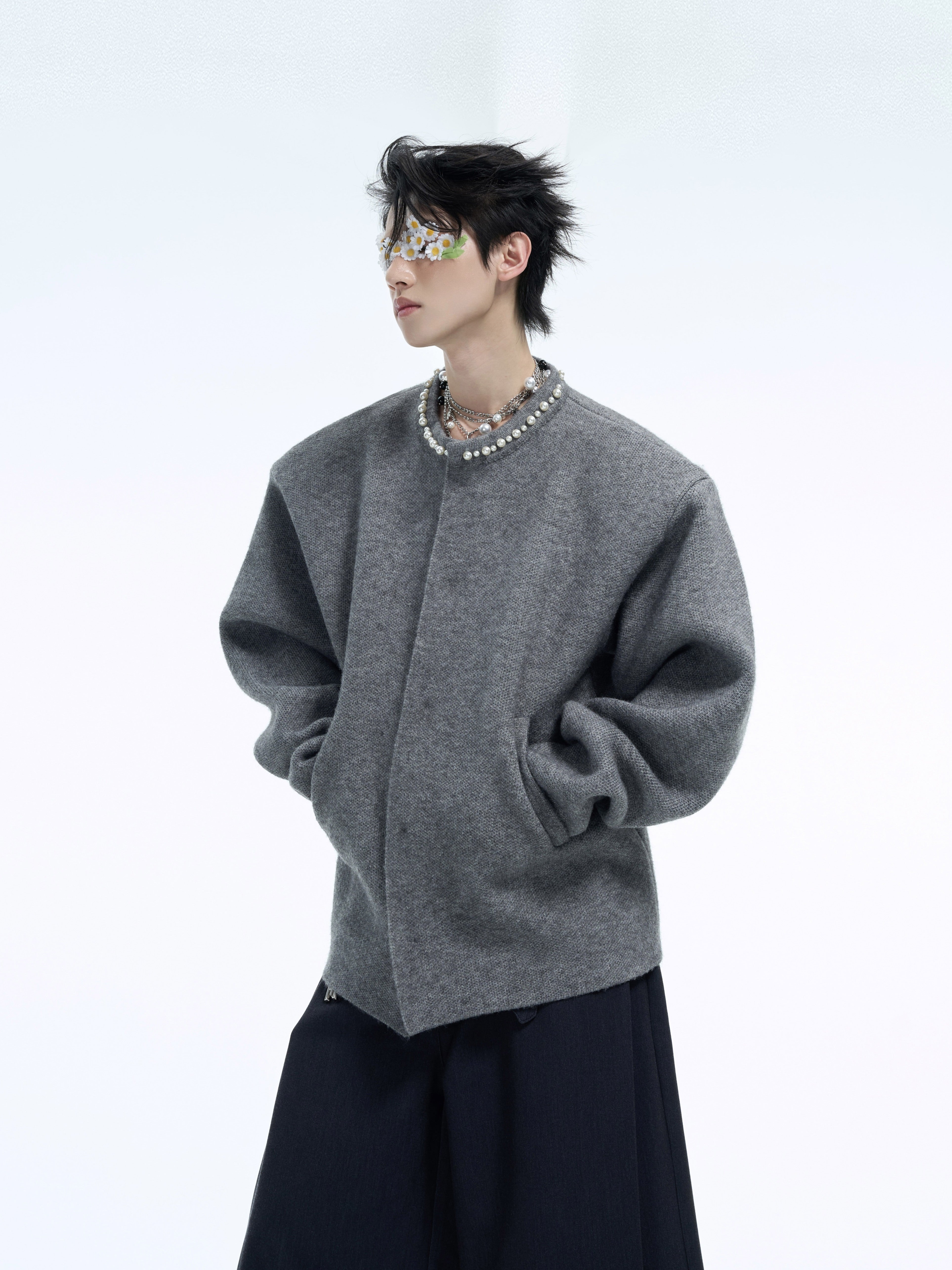 Pearl-Trimmed-Cropped-Cardigan---Oversized-Knit-Sweater-Gray-Shirt