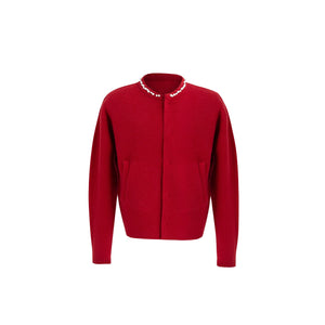 Pearl-Trimmed-Cropped-Cardigan---Oversized-Knit-Sweater-Red-Shirt