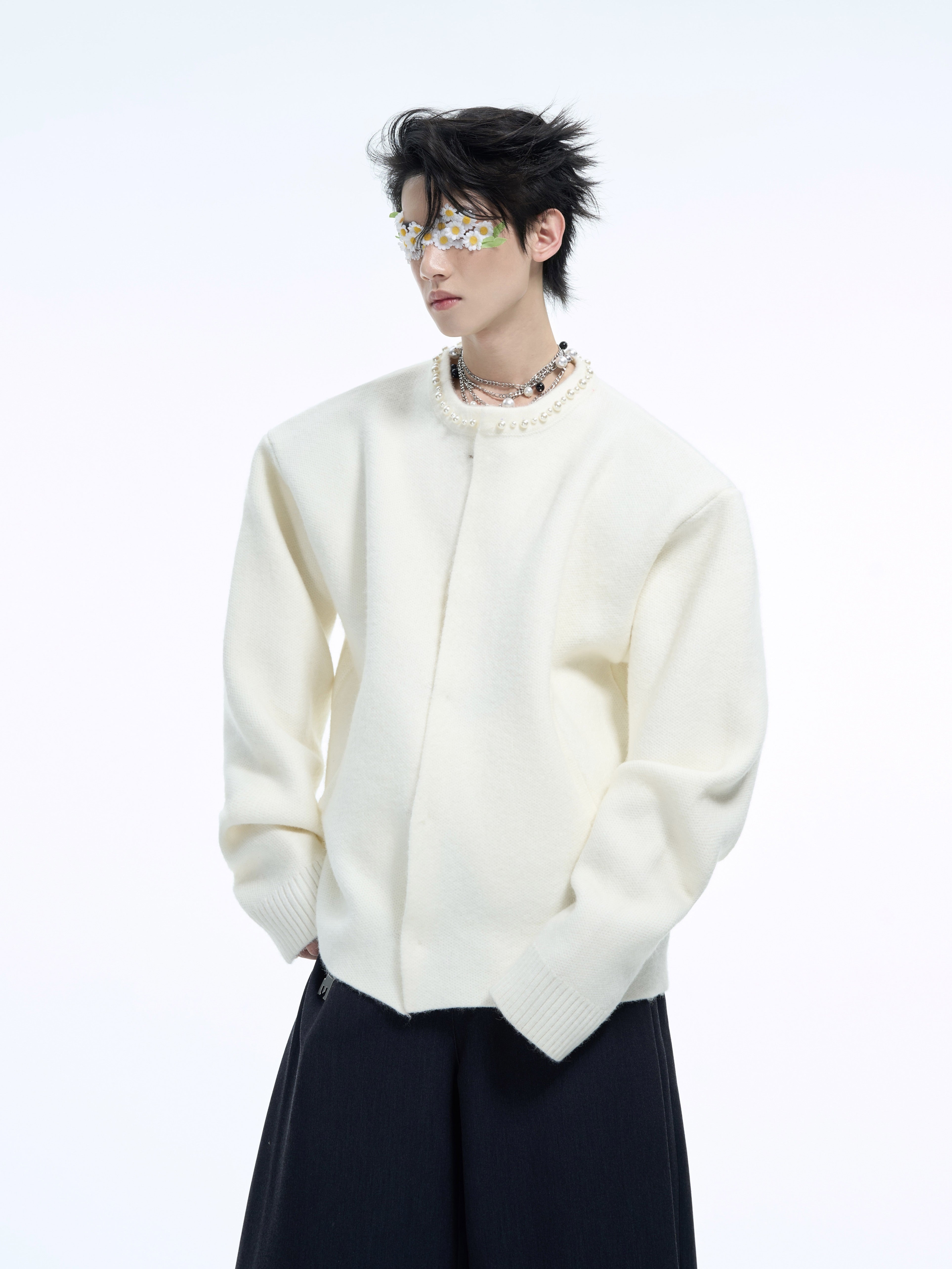 Pearl-Trimmed-Cropped-Cardigan---Oversized-Knit-Sweater-White-Shirt
