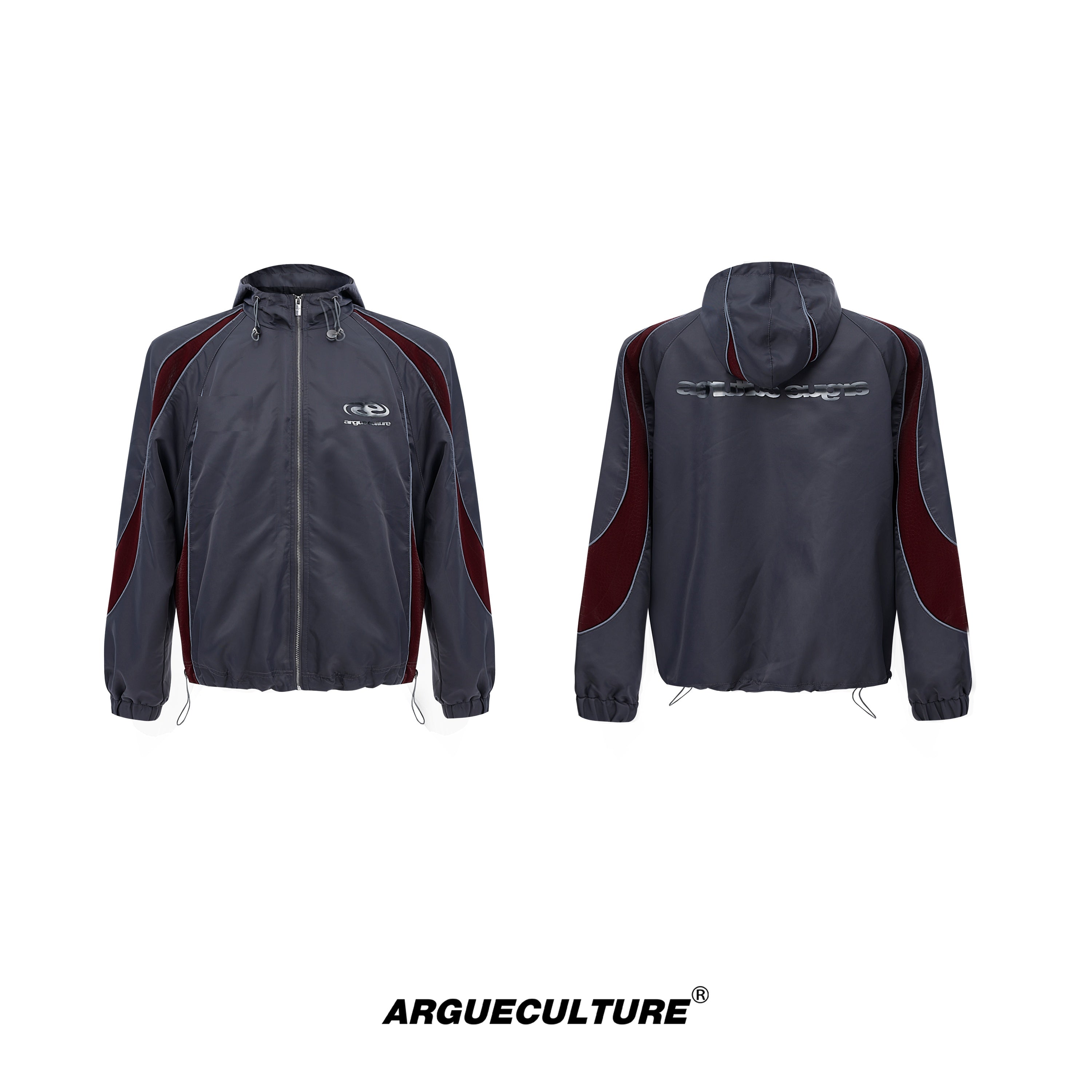 Reflective-Color-Block-Hooded-Windbreaker---Sporty-Streetwear-Set-Gray-Top