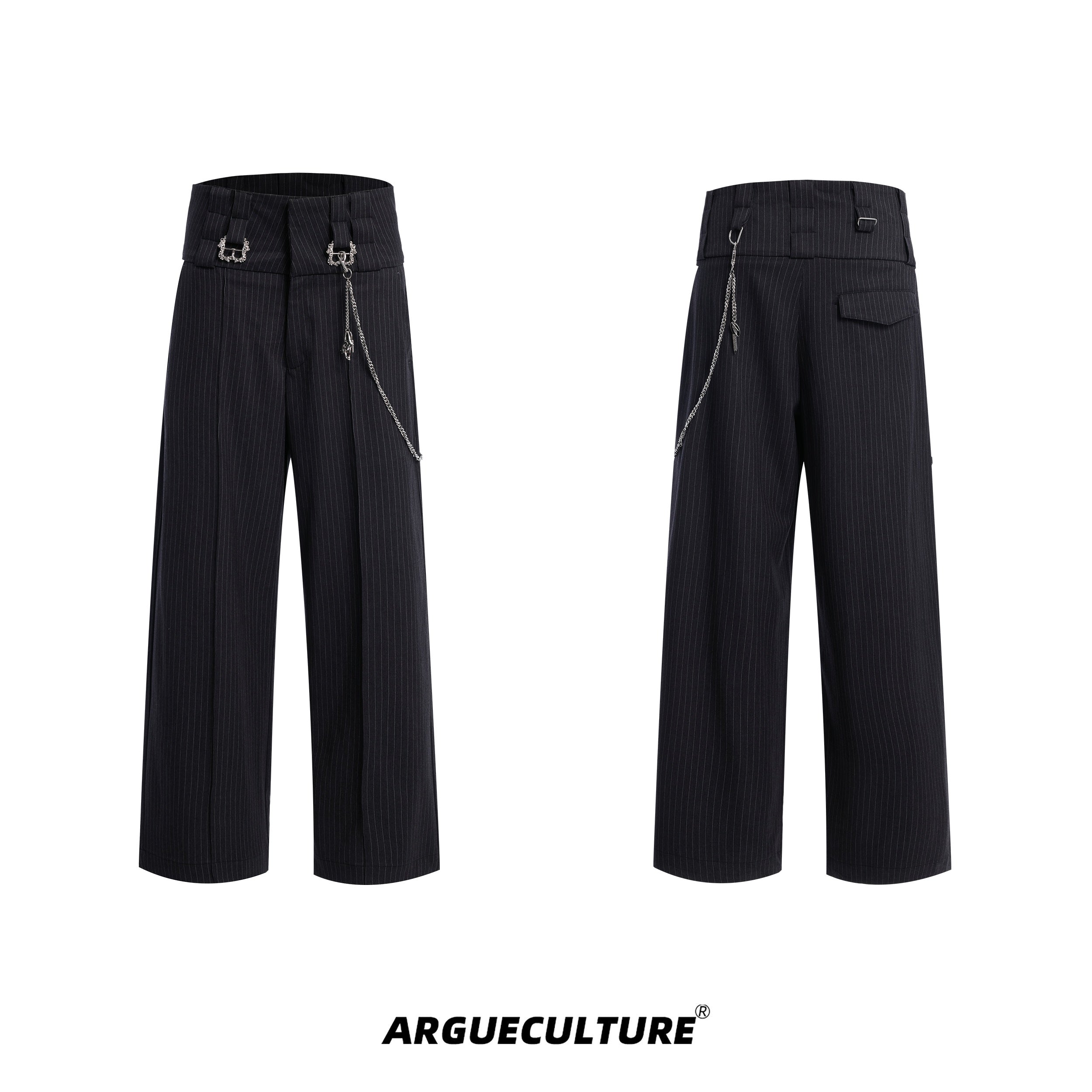 Retro-Striped-Pants---Loose-Fit-Straight-Leg-Trousers-with-Metal-Details-Gray-Bottoms