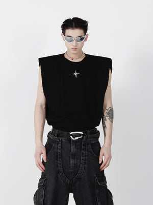 Slim-Fit-Metal-Trim-Sleeveless-Tee---Summer-Streetwear-Top-Black