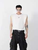 Slim-Fit-Metal-Trim-Sleeveless-Tee---Summer-Streetwear-Top-White