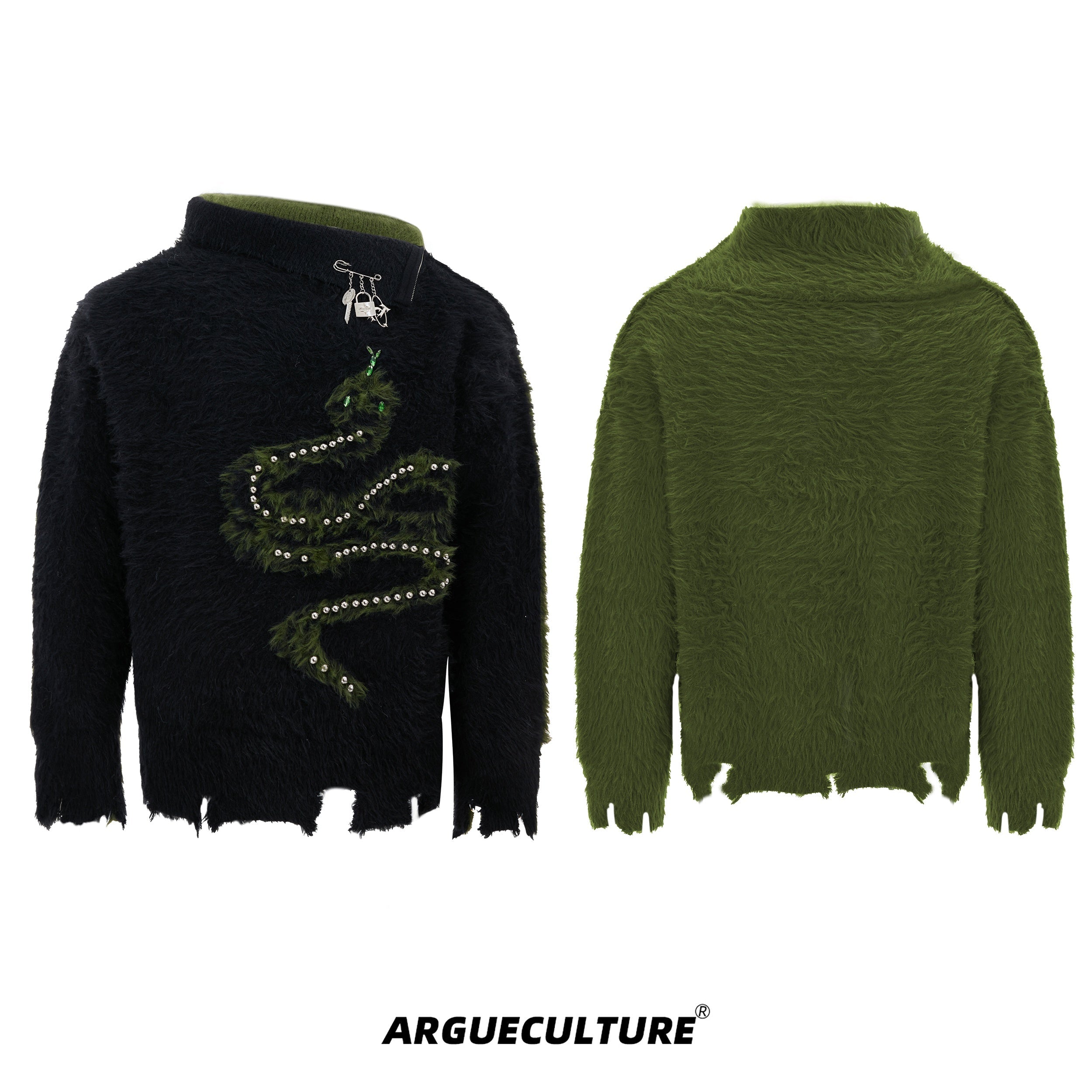 Snake-Year-Pearl-Trimmed-Fluffy-Mock-Neck-Sweater---Soft-Winter-Top-Black-Jacket